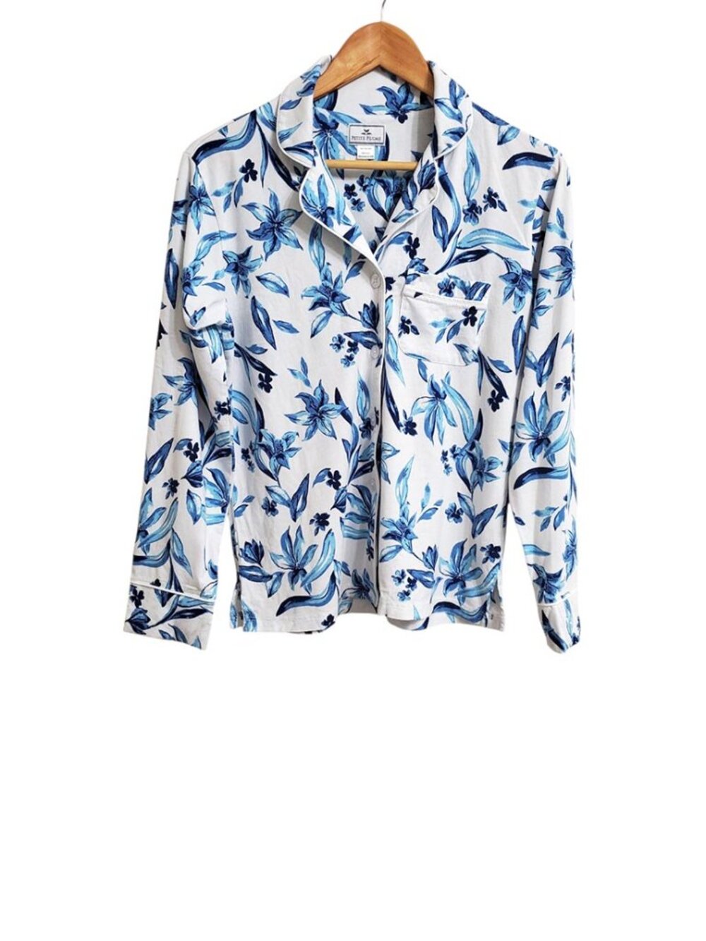 Petite Plume Womens Long Sleeve Pajama Top XS Blue Floral Pima Cotton Buttons